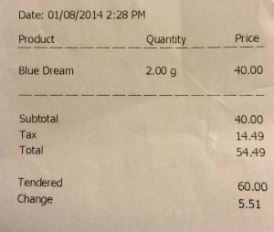 A nota fiscal da maconha "Blue Dream" comprada pela reportagem em Denver; US$ 14, 49 do total de US$ 54,49 foram de impostos